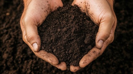 Hands Holding Dark Rich Soil in Close-up with Earthy Texture and Natural Background for Gardening and Farming