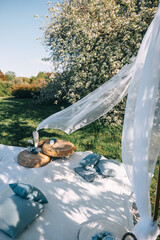 Cozy outdoor seating area with pillows and decor near blooming trees on a sunny day