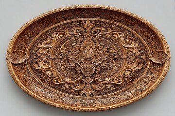 Intricately designed clay plate with gold details high resolution image