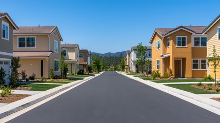 Modern Suburban Neighborhood with New Homes and Clear Blue Sky on a Bright Sunny Day