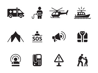 set of black and white icons depicts various emergency and safety-related items vector art on white