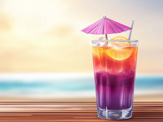 Refreshing tropical cocktail sitting on table at sunset on beach