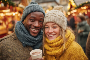 Pareja joven multietnica con gorros de lana y abrigos, mirando a cámara con un vaso de plastico con chocolate caliente, sobre fondo desenfocado de mercado nocturno navideño iluminado