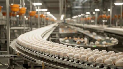 A detailed view of a modern facility where eggs are processed on a conveyor belt, showcasing the efficiency and scale of egg production in an industrial setting.