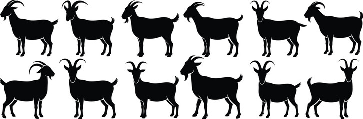 Farm goat silhouette vector set, domestic livestock icons, black goat illustration bundle, standing goat clipart,