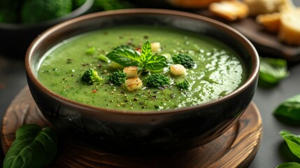 A comforting bowl of creamy broccoli soup, garnished with croutons and fresh herbs, highlights the delicious flavors and vibrant green color that's delightful and nutritious.