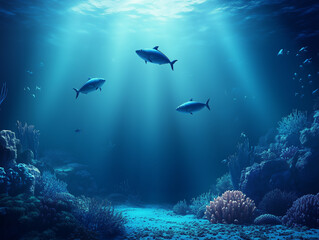 Fototapeta premium Tuna fish swimming over coral reef in deep blue ocean