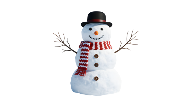 Cheerful snowman wearing a black hat and red scarf, standing in a snowy landscape with a clear blue sky