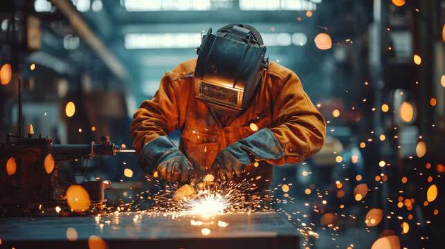 Skillful metal worker working with arc welding machine in factory while wearing safety equipment. Metalwork manufacturing and construction maintenance service by manual skill labor concept