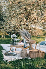 Elegant picnic setup under blooming trees in a serene outdoor location during springtime