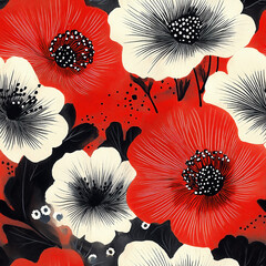 Seamless traditional Japanese abstract shibori pattern in red, black and white, celebrating the beauty of imperfection.