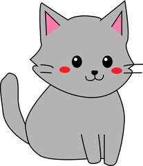Adorable Gray Cartoon Cat with Blush Cheeks – Cute Vector Kitty Illustration for Kids, Stickers, and Education Designs