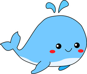 Adorable Blue Whale Cartoon Illustration with Cute Face and Water Splash – Fun Marine Animal for Kids and Learning Materials