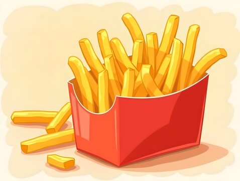Cartoon French fries in paper packaging.