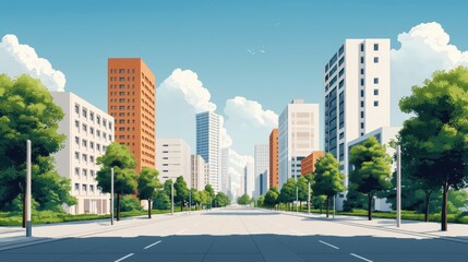 Urban Landscape with Modern Buildings and Lush Greenery on a Sunny Day in a Bright Blue Sky