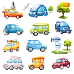 Cartoon Vehicles Collection: This image presents a delightful assortment of animated cars and accompanying elements, offering a cheerful and vibrant illustration for various design projects.