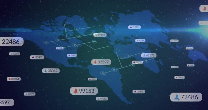 Flame icon appearing over Central America, world map showing data connections expanding globally