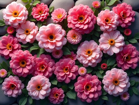 Pinks rock garden varieties on a vibrant background, top view photorealistic flower