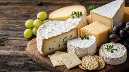 Assorted Cheeses and Crackers on Wooden Board with Fresh Grapes and Green Herbs for Elegant Snack Presentation