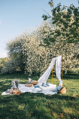 Cozy outdoor picnic setup under blooming trees in a serene park on a sunny day