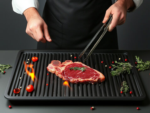 Chef grilling steak on a hot grill pan with rosemary and spices