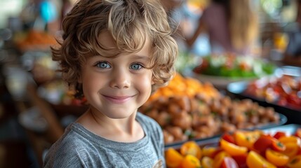 A cheerful young boy smiles brightly while surrounded by an array of delicious foods, capturing the joy of childhood and the pleasure of enjoying a colorful feast with enthusiasm.