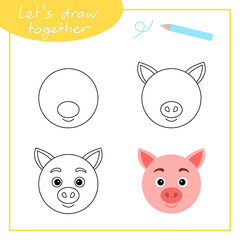 Step-by-step drawing with children. Training for primary school. Pig.