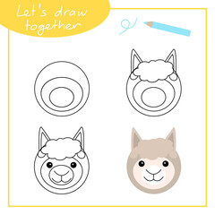 Step-by-step drawing with children. Training for primary school. Alpaca.