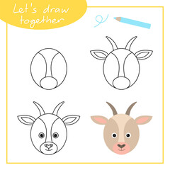 Step-by-step drawing with children. Training for primary school. Goat.