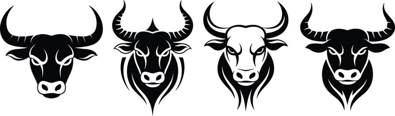 Bull head logo set, strong animal symbol, tribal vector buffalo face, aggressive bull icon, cattle art design collection