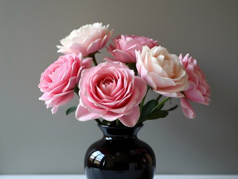 A bouquet of pink and white flowers in a sleek black vase, showcasing minimalistic design and vibrant colors in art
