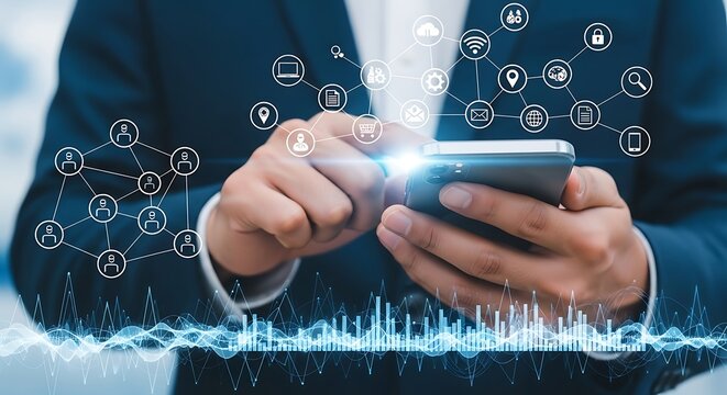 Businessman using mobile phone connecting to global network icons