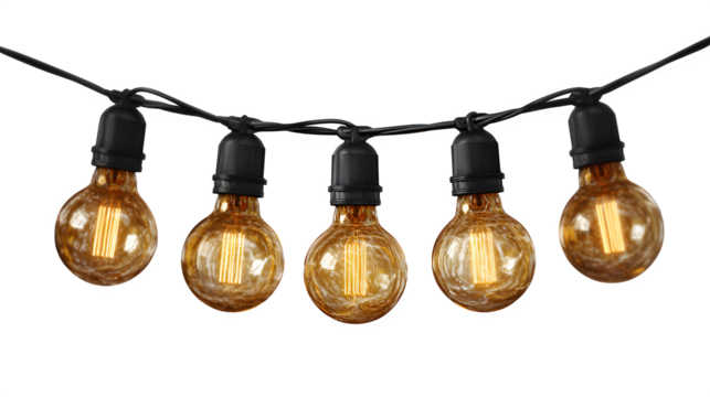 Classic globe string lights with filament detail, ultra-HD