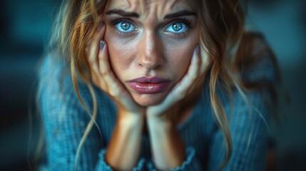 This image captures a woman looking concerned and introspective, emphasizing her deep blue eyes as she contemplates her thoughts and feelings in a candid moment.