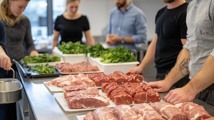 Fresh Raw Meat Preparation with Professional Chefs in Modern Kitchen Setting for Culinary Workshop