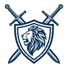 Design a stylized knight's crest featuring two crossed swords, incorporating heraldic elements and a bold, medieval aesthetic.