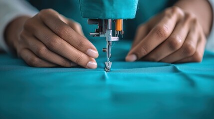 Close-Up View of Hands Using a Sewing Machine on Vibrant Teal Fabric for Creative Textile Work