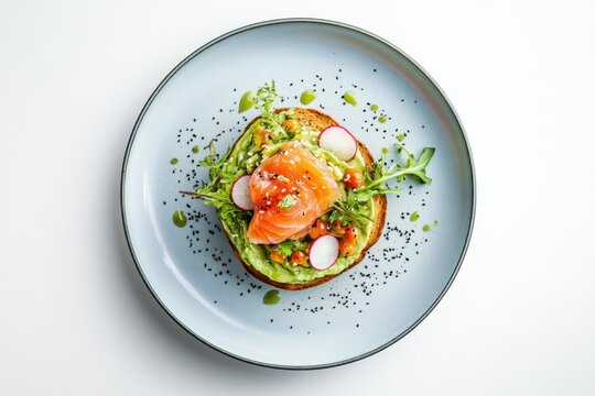 Gourmet open sandwich with avocado, salmon, radish, and greens served on a blue plate. Ideal for restaurant menus, healthy food blogs, catering ads, or modern culinary presentations. Copy space