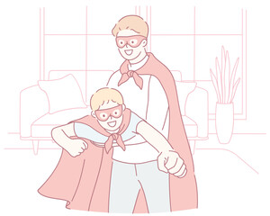 A heartwarming illustration of a father and son dressed as superheroes, showcasing their playful bond.