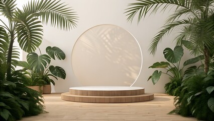 Minimal 3D Product Stage with Wooden Podium and Circular White Background