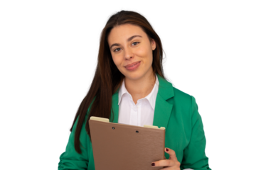 Portrait of a confident businesswoman smiling and holding a clipboard, isolated on transparent background