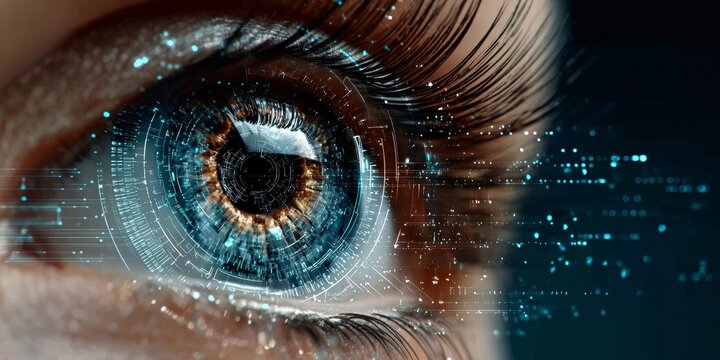 Futuristic Human Eye with Neural Network Connections, AI Integration, and Digital Interface Close-Up