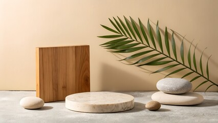 Minimal Product Stage Scene with Wooden Panel, Concrete Podium, and Palm Leaf