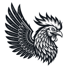 Design a fierce rooster tattoo in a bold, graphic style.  Barbed wire forms its wings, incorporating thick lines and strong shadows.
