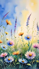 Wildflowers in sunlight, watercolor texture