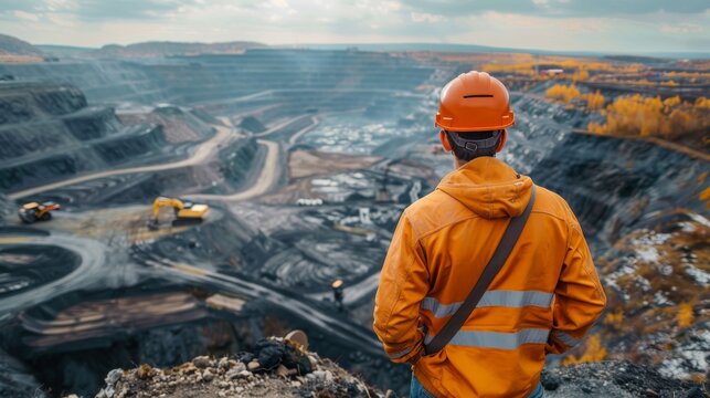 A construction worker, equipped with safety gear, surveys an extensive mining site, reflecting on the scale of human industry and its environmental impact.