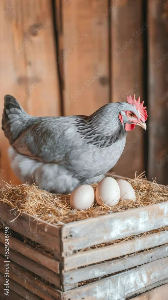 Aufkleber Gray hen settling into wooden crate nest box, laying three pristine white eggs before gradually rising and departing from hay lined enclosure within rustic chicken coop setting