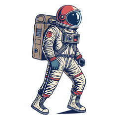A retro-futuristic astronaut, time traveler, in vintage space gear, isolated on white.  Detailed helmet, weathered suit.