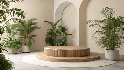 Modern Neutral Stage with Slatted Wooden Podium and Arch Niches