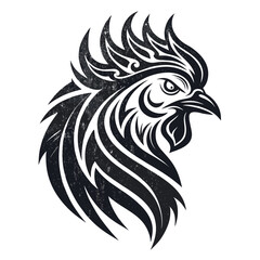 Design a tribal chicken tattoo logo with harsh, grungy ink lines.  The style should be bold and impactful, suitable for a tattoo parlor or streetwear brand.